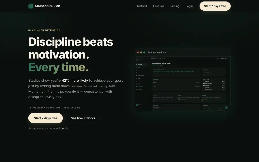 Startseite der Webapp Momentum Plan